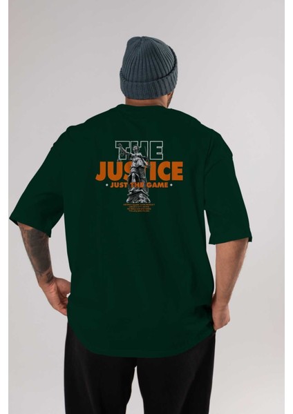 The Justice Arka Baskılı Zümrüt Yeşili Oversize T-Shirt Erkek Kadın Bisiklet Yaka