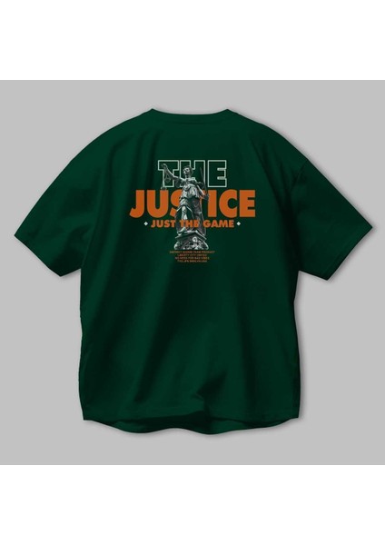 The Justice Arka Baskılı Zümrüt Yeşili Oversize T-Shirt Erkek Kadın Bisiklet Yaka modelleri
