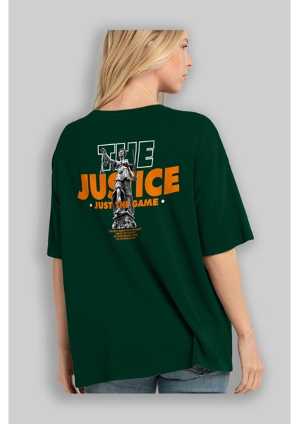 The Justice Arka Baskılı Zümrüt Yeşili Oversize T-Shirt Erkek Kadın Bisiklet Yaka fırsatları