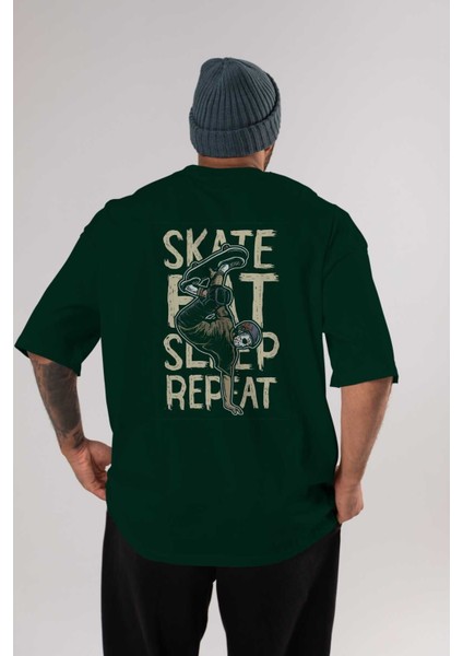 Skate Eat Sleep Repeat Arka Baskılı Zümrüt Yeşili Oversize T-Shirt Erkek Kadın Bisiklet Yaka