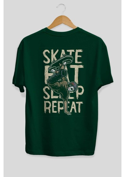 Skate Eat Sleep Repeat Arka Baskılı Zümrüt Yeşili Oversize T-Shirt Erkek Kadın Bisiklet Yaka fiyatları