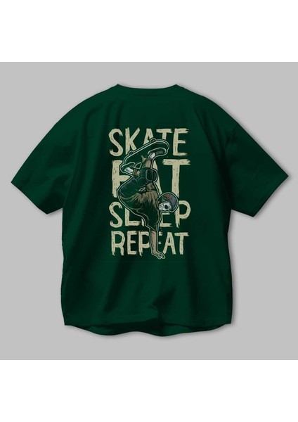 Skate Eat Sleep Repeat Arka Baskılı Zümrüt Yeşili Oversize T-Shirt Erkek Kadın Bisiklet Yaka modelleri