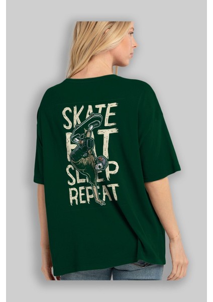 Skate Eat Sleep Repeat Arka Baskılı Zümrüt Yeşili Oversize T-Shirt Erkek Kadın Bisiklet Yaka fırsatları