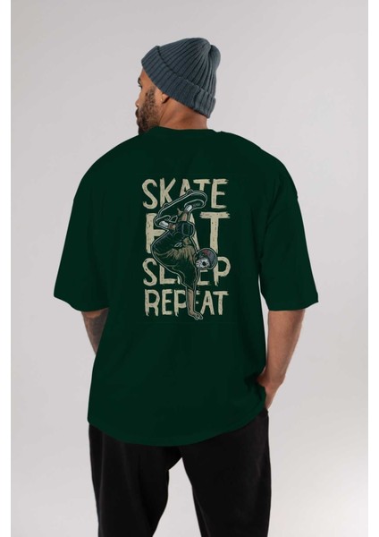 Skate Eat Sleep Repeat Arka Baskılı Zümrüt Yeşili Oversize T-Shirt Erkek Kadın Bisiklet Yaka indirimleri