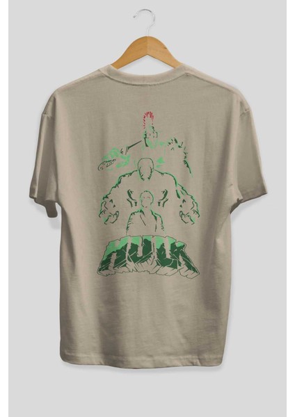 Hulk (11) Arka Baskılı Bej Oversize T-Shirt Bisiklet Yaka Pamuk Erkek Kadın fiyatları