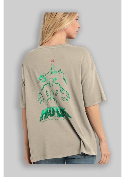 Hulk (11) Arka Baskılı Bej Oversize T-Shirt Bisiklet Yaka Pamuk Erkek Kadın modelleri