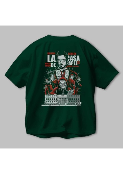 La Casa De Papel (2) Arka Baskılı Zümrüt Yeşili Oversize T-Shirt Bisiklet Yaka Erkek Kadın modelleri