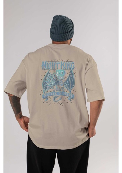 Game Of Thrones Gece Kralı Arka Baskılı Bej Oversize T-Shirt Bisiklet Yaka Pamuk Erkek Kadın