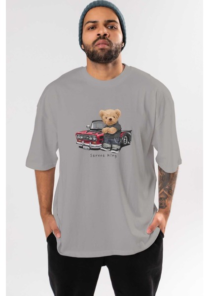 Teddy Bear Street King Ön Baskılı Gri Oversize T-Shirt Unisex Erkek Kadın Bisiklet Yaka
