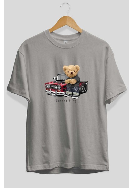 Teddy Bear Street King Ön Baskılı Gri Oversize T-Shirt Unisex Erkek Kadın Bisiklet Yaka fiyatları