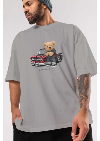 Teddy Bear Street King Ön Baskılı Gri Oversize T-Shirt Unisex Erkek Kadın Bisiklet Yaka modelleri