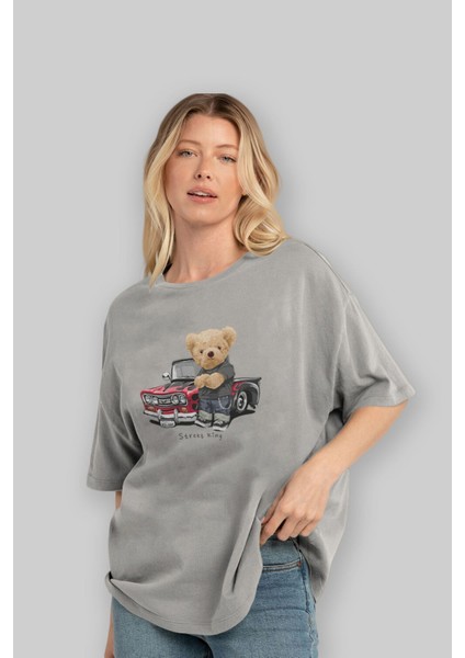 Teddy Bear Street King Ön Baskılı Gri Oversize T-Shirt Unisex Erkek Kadın Bisiklet Yaka fırsatları