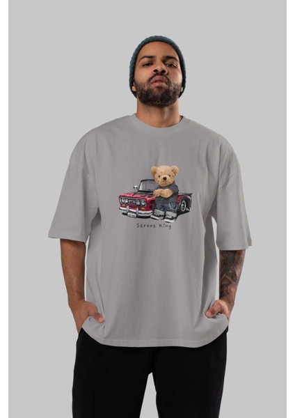 Teddy Bear Street King Ön Baskılı Gri Oversize T-Shirt Unisex Erkek Kadın Bisiklet Yaka indirimleri