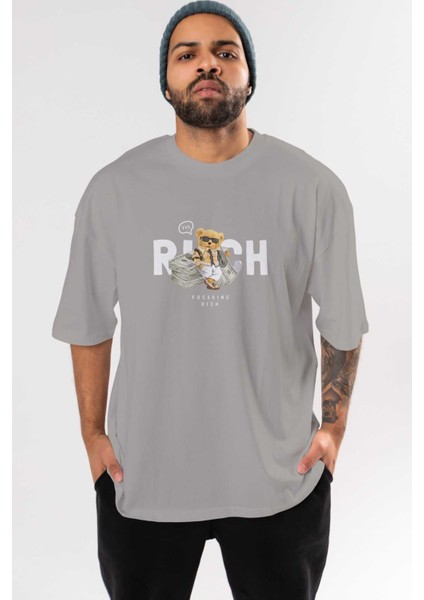 Teddy Bear Freakıng Rich Ön Baskılı Gri Oversize T-Shirt Unisex Erkek Kadın Bisiklet Yaka