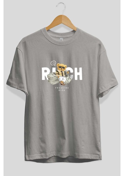 Teddy Bear Freakıng Rich Ön Baskılı Gri Oversize T-Shirt Unisex Erkek Kadın Bisiklet Yaka fiyatları