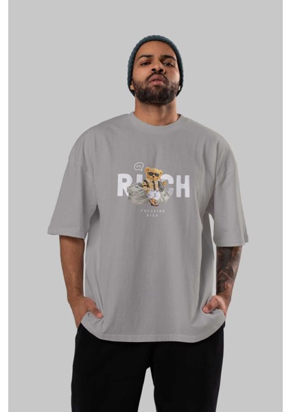 Teddy Bear Freakıng Rich Ön Baskılı Gri Oversize T-Shirt Unisex Erkek Kadın Bisiklet Yaka indirimleri