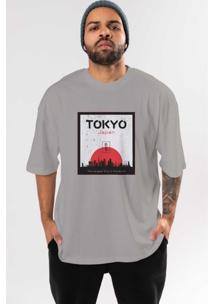 Tokyo Japan Yazılı Ön Baskılı Gri Oversize T-Shirt Unisex Erkek Kadın Bisiklet Yaka