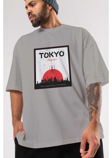 Tokyo Japan Yazılı Ön Baskılı Gri Oversize T-Shirt Unisex Erkek Kadın Bisiklet Yaka modelleri