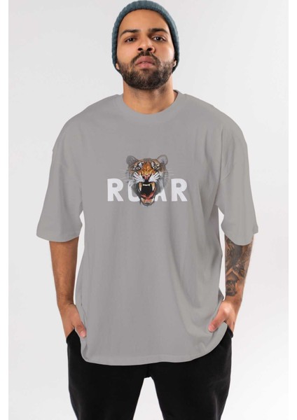 Teddy Bear Roar Ön Baskılı Gri Oversize T-Shirt Unisex Erkek Kadın Bisiklet Yaka