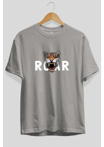 Teddy Bear Roar Ön Baskılı Gri Oversize T-Shirt Unisex Erkek Kadın Bisiklet Yaka fiyatları