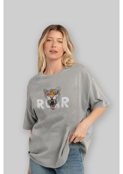 Teddy Bear Roar Ön Baskılı Gri Oversize T-Shirt Unisex Erkek Kadın Bisiklet Yaka fırsatları