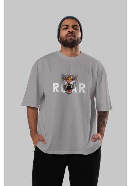 Teddy Bear Roar Ön Baskılı Gri Oversize T-Shirt Unisex Erkek Kadın Bisiklet Yaka indirimleri