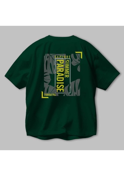 Explore Summer Arka Baskılı Zümrüt Yeşili Oversize T-Shirt Unisex Erkek Kadın Bisiklet Yaka modelleri
