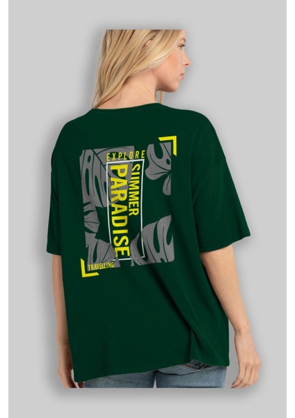 Explore Summer Arka Baskılı Zümrüt Yeşili Oversize T-Shirt Unisex Erkek Kadın Bisiklet Yaka fırsatları