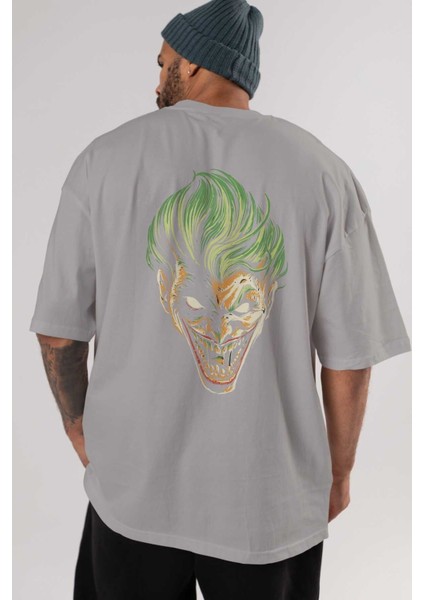 Joker (3) Arka Baskılı Gri Oversize T-Shirt Bisiklet Yaka Pamuk Erkek Kadın indirimleri