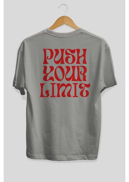 Push Your Limit Yazılı 2 Arka Baskılı Gri Oversize T-Shirt Unisex Erkek Kadın Bisiklet Yaka fiyatları