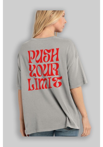 Push Your Limit Yazılı 2 Arka Baskılı Gri Oversize T-Shirt Unisex Erkek Kadın Bisiklet Yaka modelleri