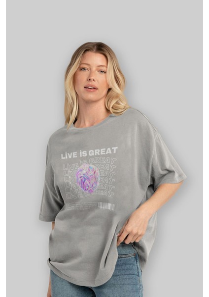 Live Is Great Yazılı Ön Baskılı Gri Oversize T-Shirt Unisex Erkek Kadın Bisiklet Yaka fırsatları
