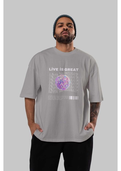 Live Is Great Yazılı Ön Baskılı Gri Oversize T-Shirt Unisex Erkek Kadın Bisiklet Yaka indirimleri