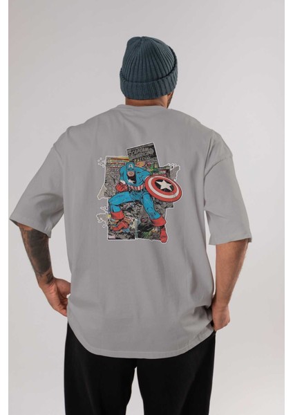 Captain America (2) Arka Baskılı Gri Oversize T-Shirt Bisiklet Yaka Pamuk Erkek Kadın