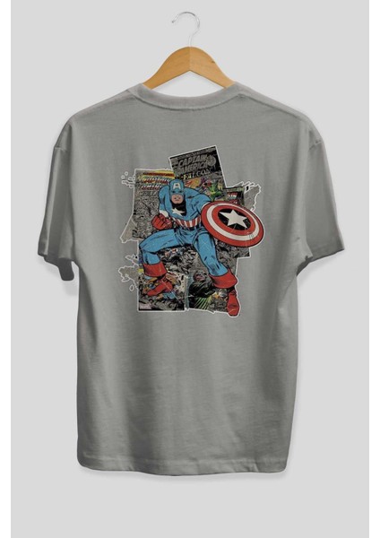 Captain America (2) Arka Baskılı Gri Oversize T-Shirt Bisiklet Yaka Pamuk Erkek Kadın