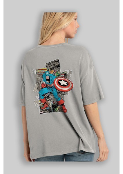 Captain America (2) Arka Baskılı Gri Oversize T-Shirt Bisiklet Yaka Pamuk Erkek Kadın