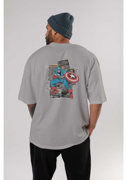 Captain America (2) Arka Baskılı Gri Oversize T-Shirt Bisiklet Yaka Pamuk Erkek Kadın