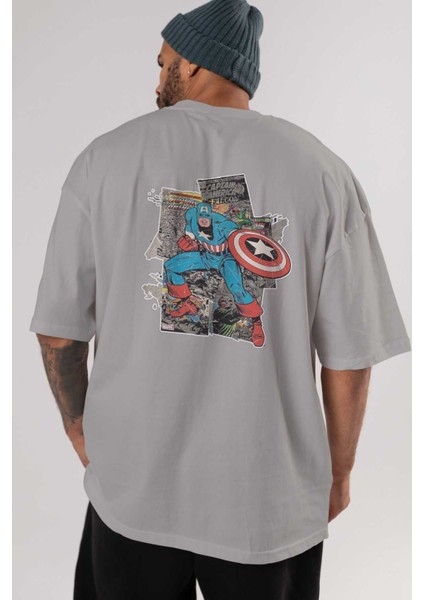 Captain America (2) Arka Baskılı Gri Oversize T-Shirt Bisiklet Yaka Pamuk Erkek Kadın