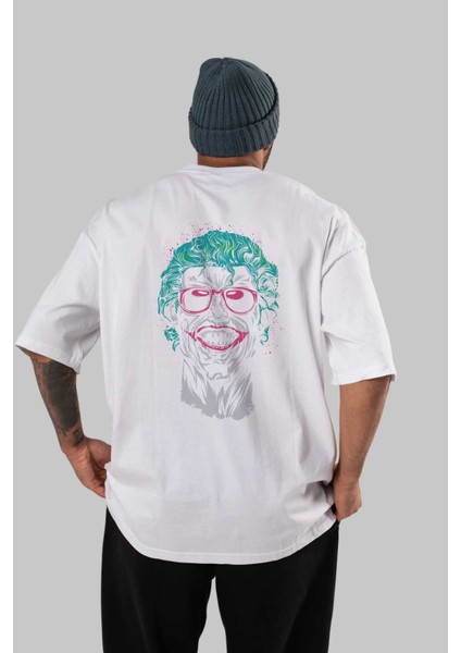 Joker 1 Arka Baskılı Beyaz Oversize T-Shirt Bisiklet Yaka Pamuk Erkek Kadın
