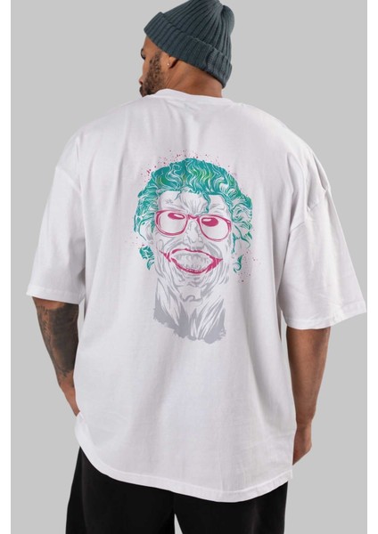 Joker 1 Arka Baskılı Beyaz Oversize T-Shirt Bisiklet Yaka Pamuk Erkek Kadın indirimleri