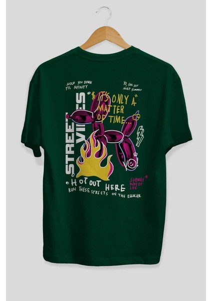 Street Vibes Arka Baskılı Zümrüt Yeşili Oversize T-Shirt Erkek Kadın Bisiklet Yaka fiyatları
