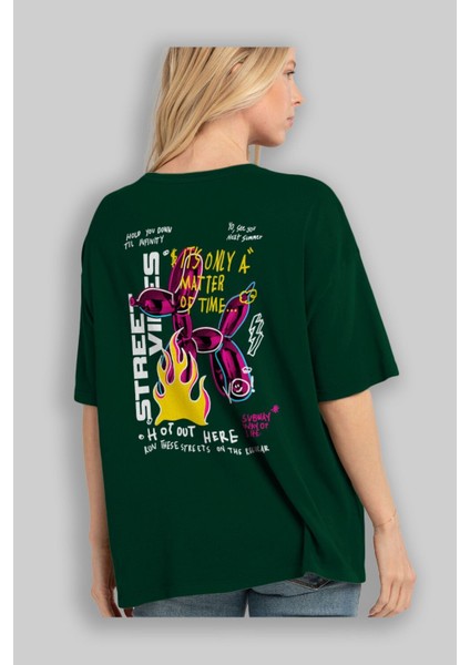 Street Vibes Arka Baskılı Zümrüt Yeşili Oversize T-Shirt Erkek Kadın Bisiklet Yaka fırsatları