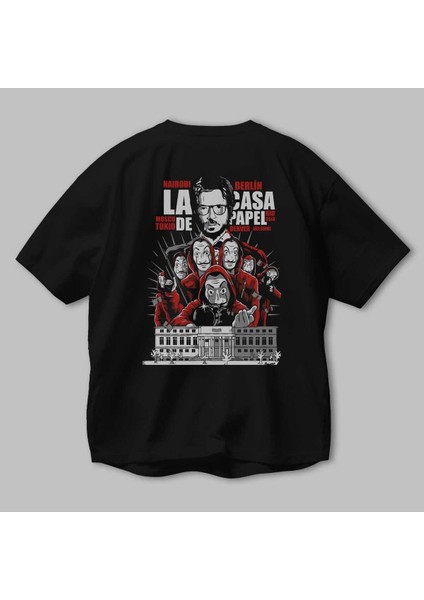 La Casa De Papel (2) Arka Baskılı Siyah Oversize T-Shirt Bisiklet Yaka Pamuk Erkek Kadın modelleri