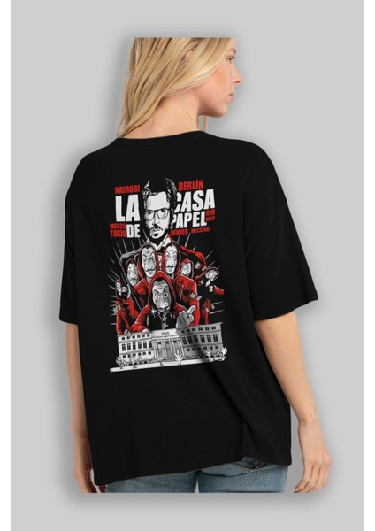 La Casa De Papel (2) Arka Baskılı Siyah Oversize T-Shirt Bisiklet Yaka Pamuk Erkek Kadın fırsatları