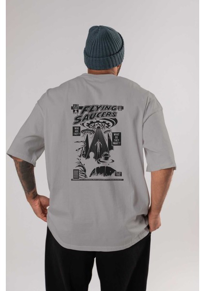 Ufo Arka Baskılı Gri Oversize T-Shirt Unisex Erkek Kadın Bisiklet Yaka