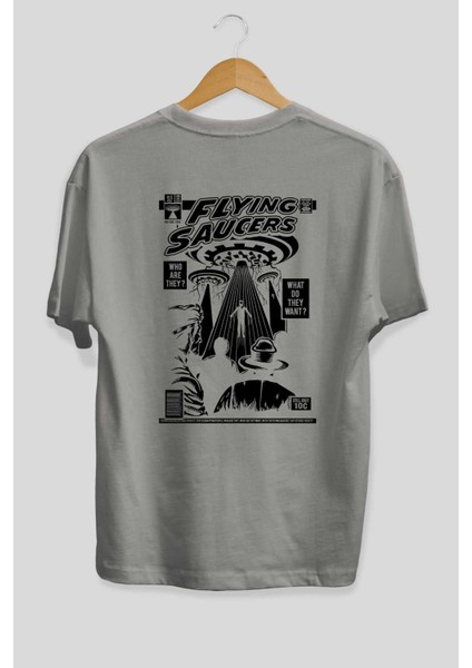 Ufo Arka Baskılı Gri Oversize T-Shirt Unisex Erkek Kadın Bisiklet Yaka fiyatları