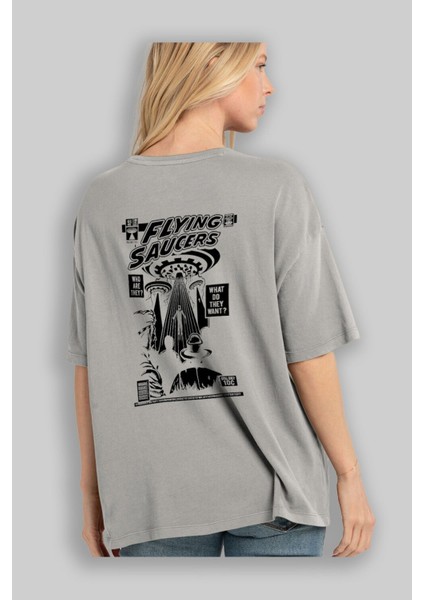 Ufo Arka Baskılı Gri Oversize T-Shirt Unisex Erkek Kadın Bisiklet Yaka modelleri
