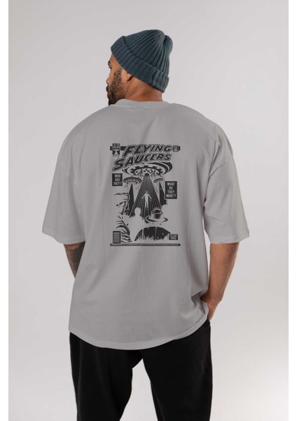 Ufo Arka Baskılı Gri Oversize T-Shirt Unisex Erkek Kadın Bisiklet Yaka fırsatları