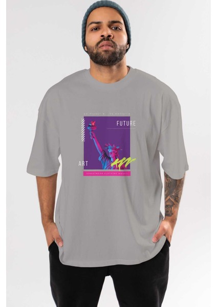 Future Streetwear Ön Baskılı Gri Oversize T-Shirt Unisex Erkek Kadın Bisiklet Yaka