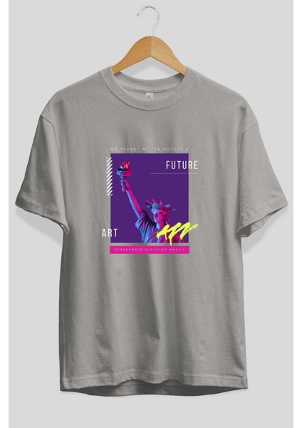 Future Streetwear Ön Baskılı Gri Oversize T-Shirt Unisex Erkek Kadın Bisiklet Yaka fiyatları